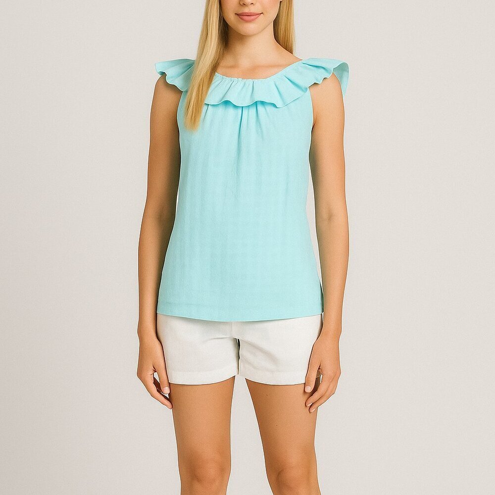 Trina Turk 'Twin Falls' Ruffle-Trim Sleeveless Cotton Top, Sky Blue